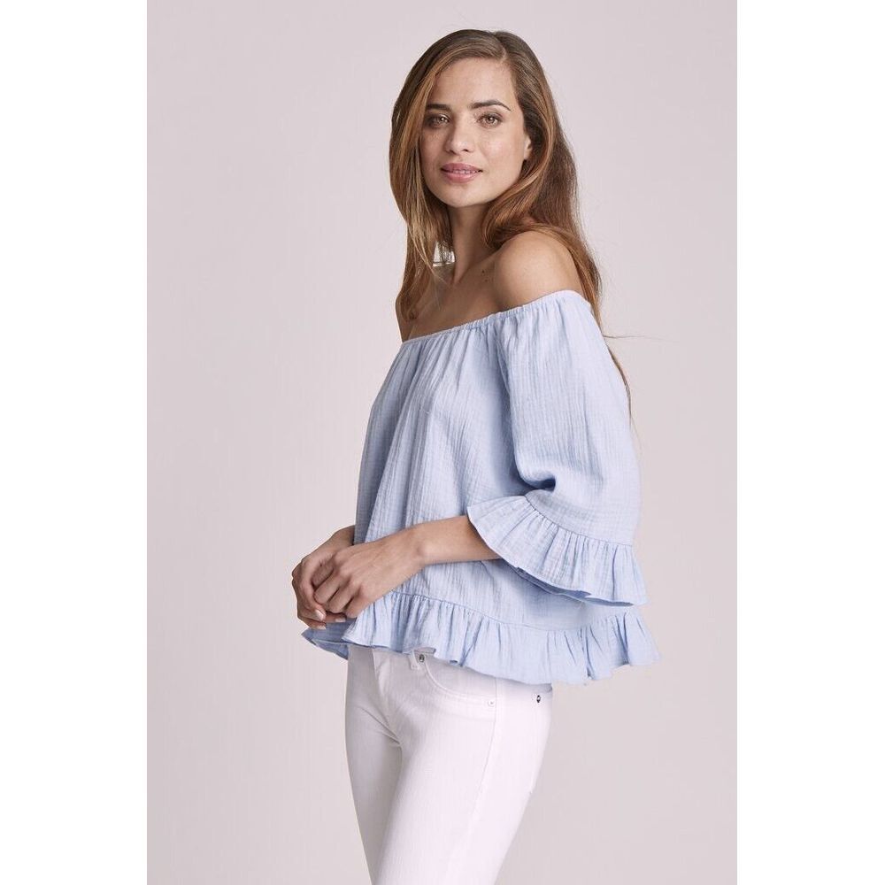 Marie Oliver Sylvie XS blue Puff Sleeve Cotton Top Ruffles Cotton Gauze $158